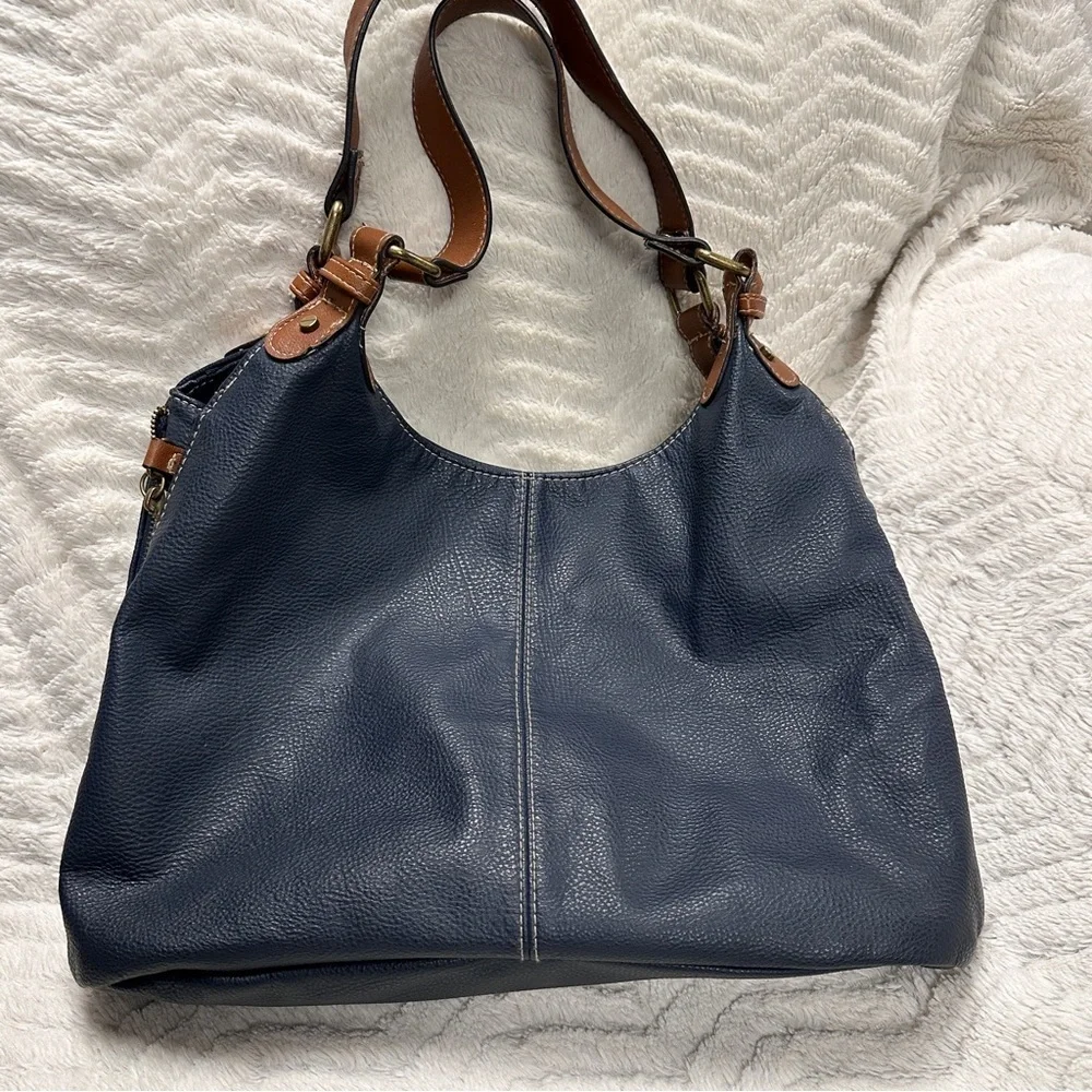 Merona Dark Blue Tan Brown Faux Leather Shoulder Bag Purse Handbag Classic